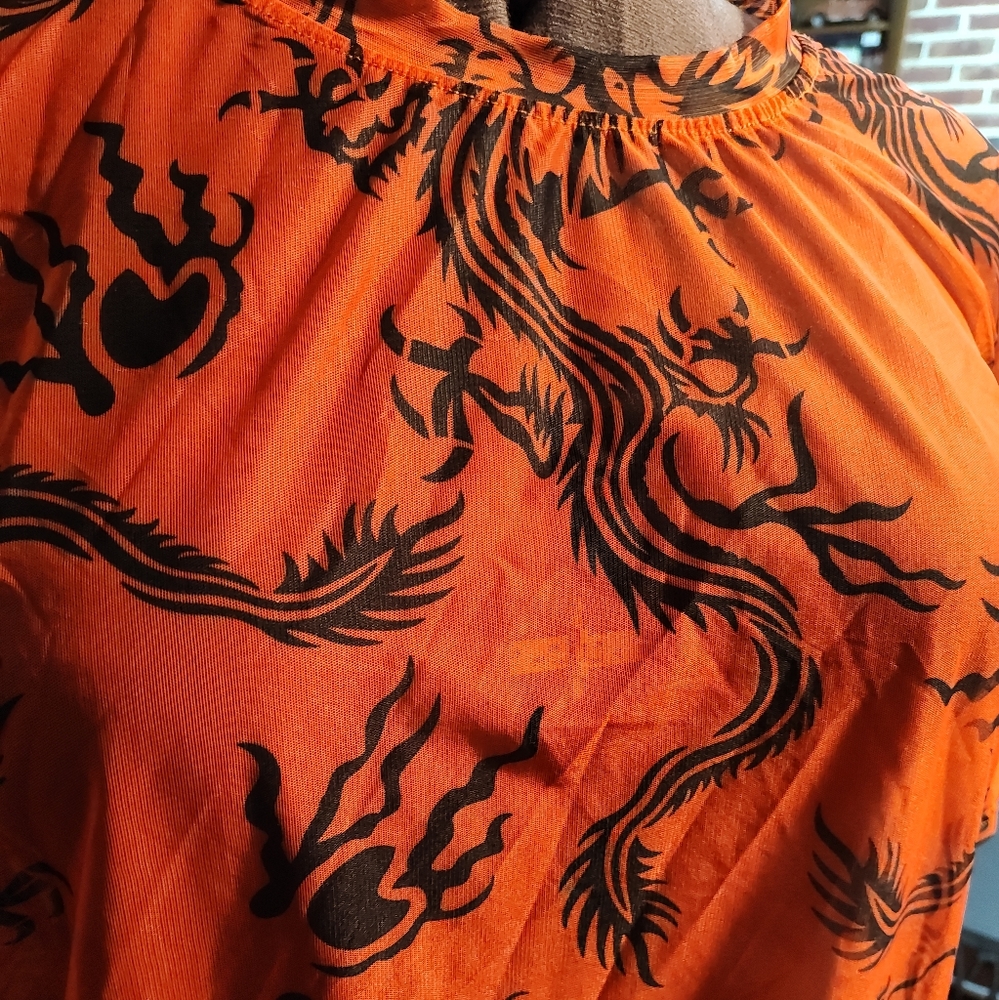 Sheer. mesh Chinese Dragon Print Orange Oversized Shirt